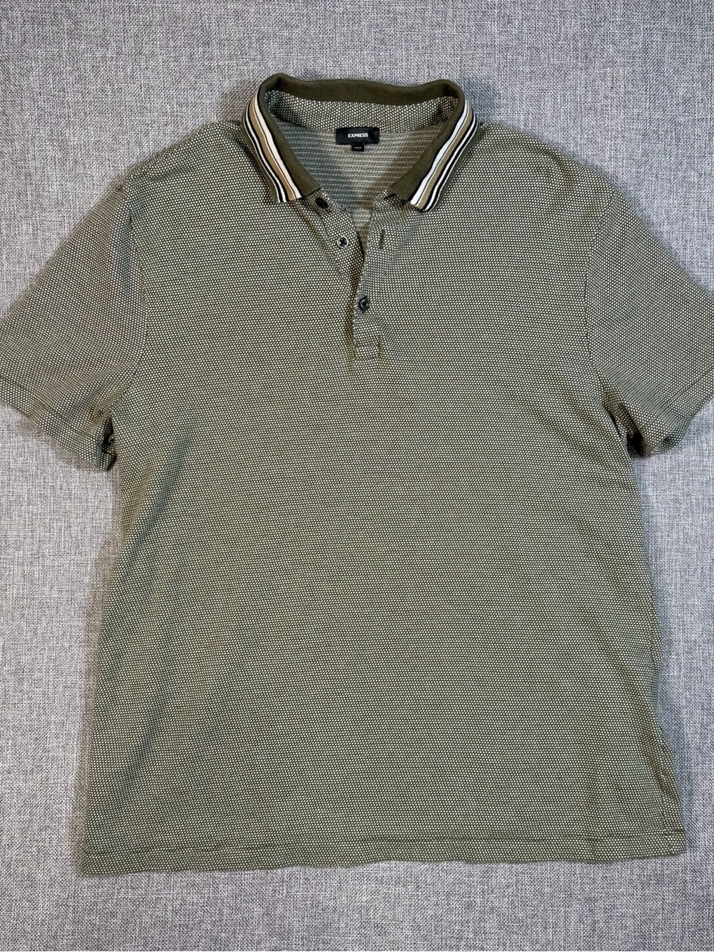 Express Olive Green Polo with Stripe-Trim Collar
